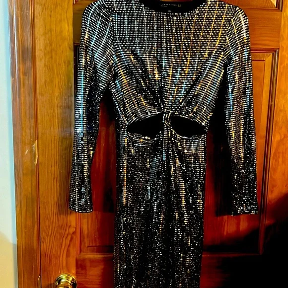 New Zara Sequin Silver Mini Dress Long Sleeve XS $180 Unique